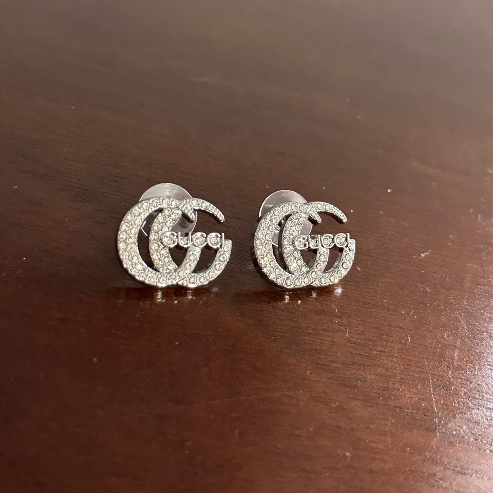 AUTHENTIC GUCCI SILVER CRYSTAL GUCCI EARRINGS DOUBLE G